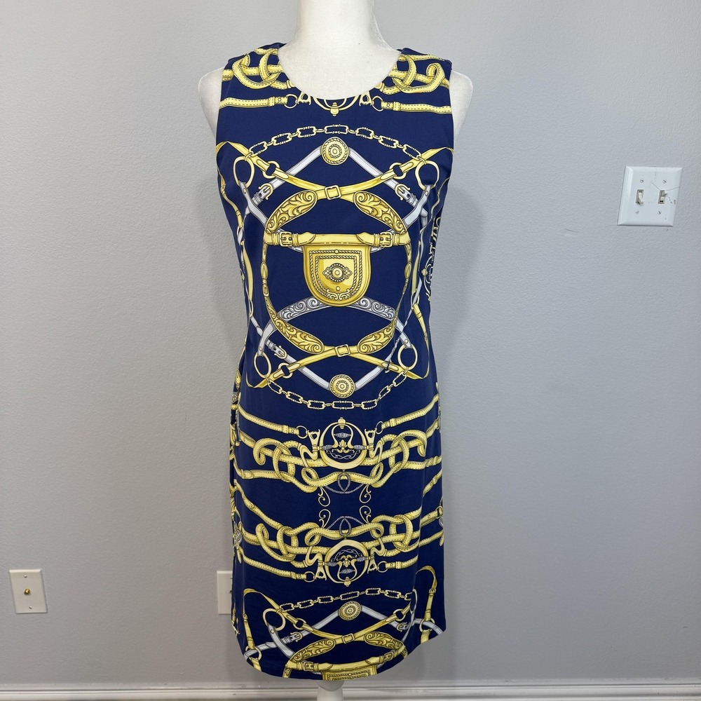 J McLaughlin Dress Womens Small Navy Gold Sleeveless Sophia Cheshire Chain Print